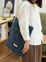 Mens Denim Blue Vertical Tote Bags Minimalist Denim Shoulder Tote Messenger Bag for Women