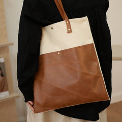 White&Brown Canvas Tote Bags Canvas Leather Handbags Womens Canvas Leather Tote Bag for Men