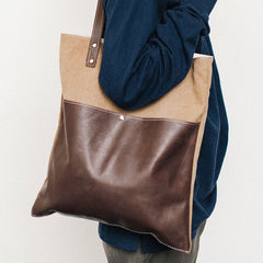 Canvas Tote Bags Khaki&Coffee Canvas Leather Handbag Womens Canvas Leather Tote Bags for Men