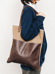 Canvas Tote Bags Khaki&Coffee Canvas Leather Handbags Womens Canvas Leather Tote Bag for Men