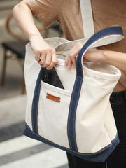 Mens White&Blue Canvas Stachel Tote Bag Canvas Tote Shoulder Bags Handbag for Women