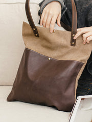 Canvas Tote Bags Khaki&Coffee Canvas Leather Handbag Womens Canvas Leather Tote Bags for Men