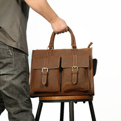 Leather Mens Briefcase Vintage 14 inches Laptop Work Bag Business Bag For Men