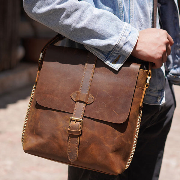 Handmade Vintage Leather Mens Messenger Bag Box Bag Brown Shoulder Bag –  iwalletsmen
