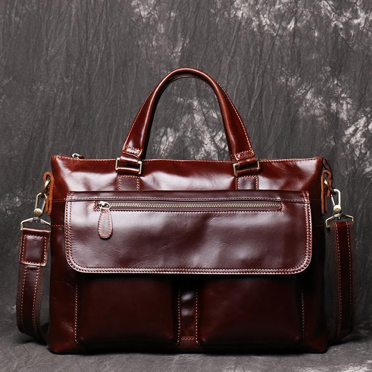 Red Brown Oily Leather Mens 14 inches Large Laptop Work Bag Handbag Briefcase Shoulder Bags Business Bags For Men - iwalletsmen