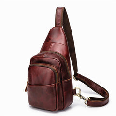 Red Brown Cool LEATHER MENS 8 inches Sling Bag One Shoulder Backpack Brown Chest Bag For Men - iwalletsmen