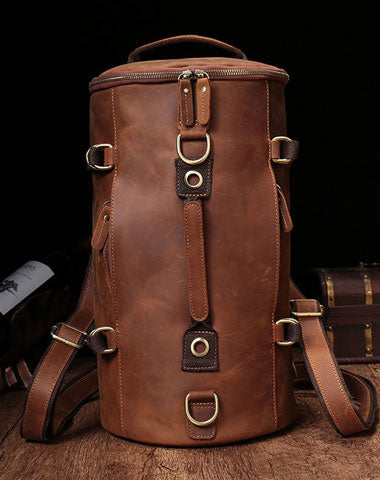 barrel backpack in leather Cool Mens Leather Barrel Backpack Overnight Bag Travel Backpack Weeken – iwalletsmen