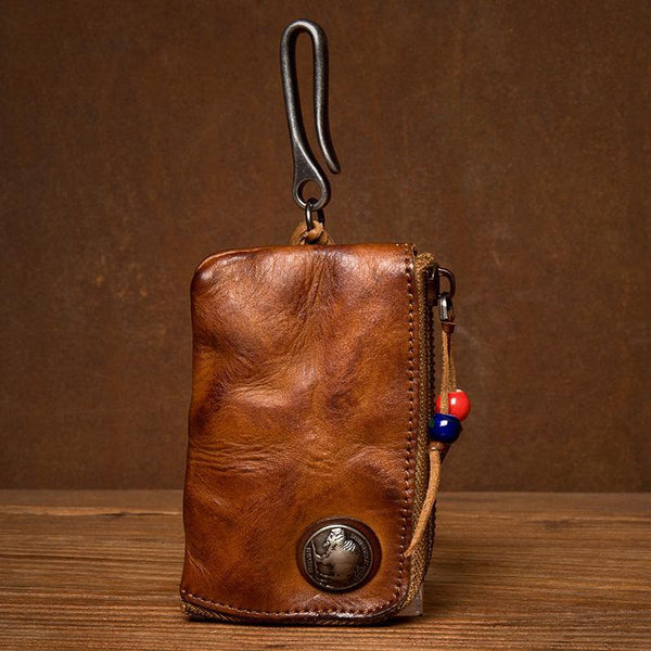 Brown Leather Key Pouch Compact Wallet