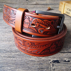 Cool Handmade Brown Floral Tooled Leather Mens Belt Coffee Leather Belts for Men - iwalletsmen