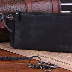 Genuine Leather Mens Cool Biker Chain Wallet Long Leather Wallet Slim Clutch Wristlet Wallet for Men
