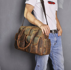 Brown Leather Travel Bag Men's 14 inches Overnight Bag Large Luggage Weekender Bag For Men - iwalletsmen