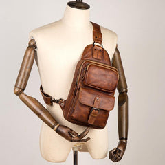 Casual Brown Leather Mens Sling Pack Sling Bag Chest Bags One Shoulder Backpack for Men - iwalletsmen