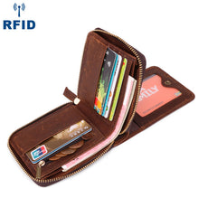 Fashion RFID Black Leather Men's Zipper Small Wallet Brown Zipper billfold Wallet For Men - iwalletsmen
