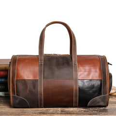 Leather Mens Travel Bag Color Blocks Weekender Bag Barrel Duffle Bag Overnight Bag for Men