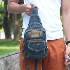 Denim Vintage Blue Messenger Bag Chest Bag Jean Blue One Shoulder Backpack For Men - iwalletsmen