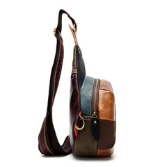 Stitched Brown Leather Men's Sling Bag Circle Shoulder Bag Chest Bag One Shoulder Backpack For Men - iwalletsmen