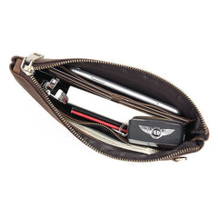 Dark Brown Leather Mens 8 inches Envelope Bag Wristlet Wallet Bag Zipper Clutch Wallet For Men - iwalletsmen