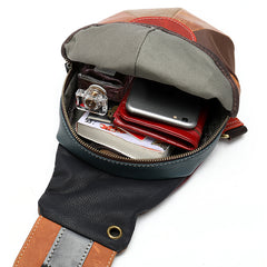 Stitched Brown Leather Men's Sling Bag Circle Shoulder Bag Chest Bag One Shoulder Backpack For Men - iwalletsmen