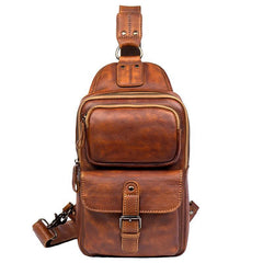 Casual Brown Leather Mens Sling Pack Sling Bag Chest Bags One Shoulder Backpack for Men - iwalletsmen