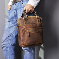 Vintage Brown Leather Mens Vertical Work Bag Handbag Vertical Briefcase Shoulder Bag For Men - iwalletsmen