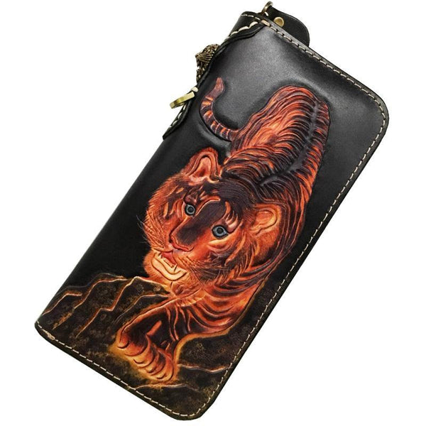 Black Handmade Tooled Tiger Leather Long Biker Wallet Chain Wallet