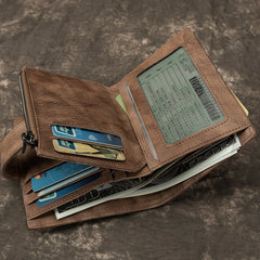 Cool Leather Brown Men's Zipper billfold Small Wallet Bifold Wallet Multi-Card Wallet For Men - iwalletsmen