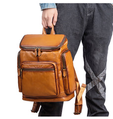 Best Tan Leather Mens Satchel Backpack Barrel 15'' Laptop Rucksack Vintage School Backpack For Men
