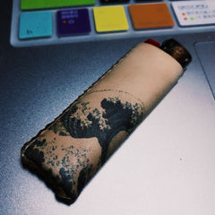 Bic Leather Lighter Case The Great Wave of Kanagawa Leather Bic Lighter Holder Leather Bic Lighter Covers For Men - iwalletsmen