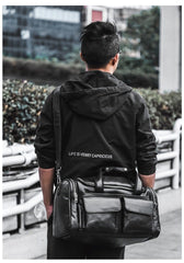 Black Leather Mens Weekender Bags Black Travel Handbag Duffle Bag