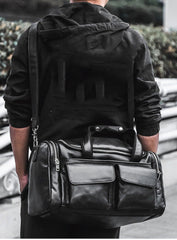 Black Leather Mens Weekender Bags Black Travel Handbag Duffle Bag