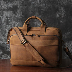 Brown Leather Mens Briefcase Brown Work Handbag 14 inches Laptop Business Bags For Men