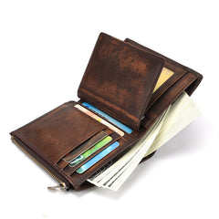 Brown MENS LEATHER Bifold Wallet Short Wallet Card Wallet Dark Brown Coin Wallet FOR MEN - iwalletsmen