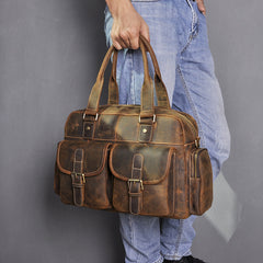 Brown Leather Travel Bag Men's 14 inches Overnight Bag Large Luggage Weekender Bag For Men - iwalletsmen