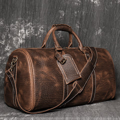 Brown Leather Mens Large Weekender Bag Crocodile Pattern Duffle Bag Overnight Bag for Men