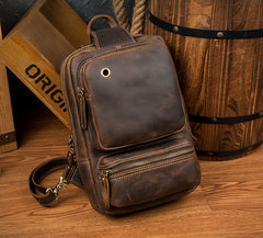 Casual Brown Mens Leather Large Sling Bag One Shoulder Pack Chest Bag Sling Backpack for men - iwalletsmen
