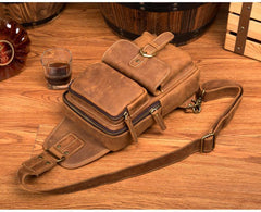 Cool Brown Leather Mens Sling Pack Sling Bag Crossbody Pack One Shoulder Pack Chest Bag for men - iwalletsmen