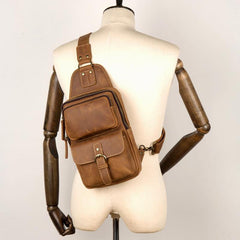 Cool Brown Leather Mens Sling Pack Sling Bag Crossbody Pack One Shoulder Pack Chest Bag for men - iwalletsmen