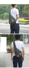 Denim Mens Large Sling Bag Blue Chest Bag Jean One Shoulder Backpacks For Men - iwalletsmen