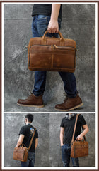 Leather Mens Briefcases Vintage Coffee Work Briefcase Business Handbag 15’‘ Laptop Briefcase For Men
