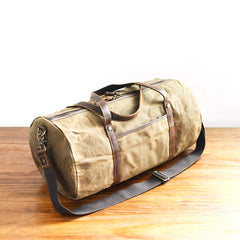 Khaki Waxed Canvas Gym Bag Travel Bag Canvas Mens Barrel Weekender Bag Duffle Bag For Men - iwalletsmen