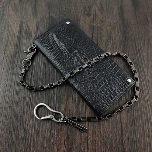 Badass Black Leather Men's Crocodile Pattern Long Biker Chain