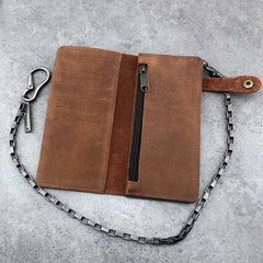 Vintage Brown Leather Men's Long Biker Chain Wallet Brown Badass Bifold Long Wallet with Chain For Men - iwalletsmen