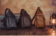 Vintage Leather Mens Sling Bag Crossbody Bag Chest Bag for men
