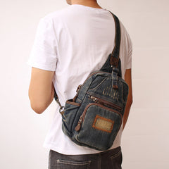 Blue Denim Mens Sling Bag Cool Chest Bag Vintage Blue Denim Sling Bag For Men