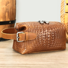 Braided Pattern Leather Toiletry Bag Men's Brown Leather Toiletry Bag Full Grain Leather Toiletry Bag - iwalletsmen