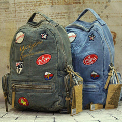 Vintage Blue Denim Womens Backpack School Backpack With Stickers Vintage Denim Backpack For Women