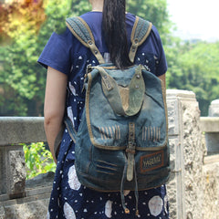 Vintage Blue Denim Womens Backpack School Backpack With Stickers Vintage Denim Backpack For Women
