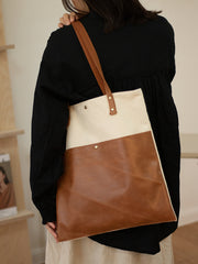 White&Brown Canvas Tote Bag Canvas Leather Handbag Womens Canvas Leather Totes Bag for Men