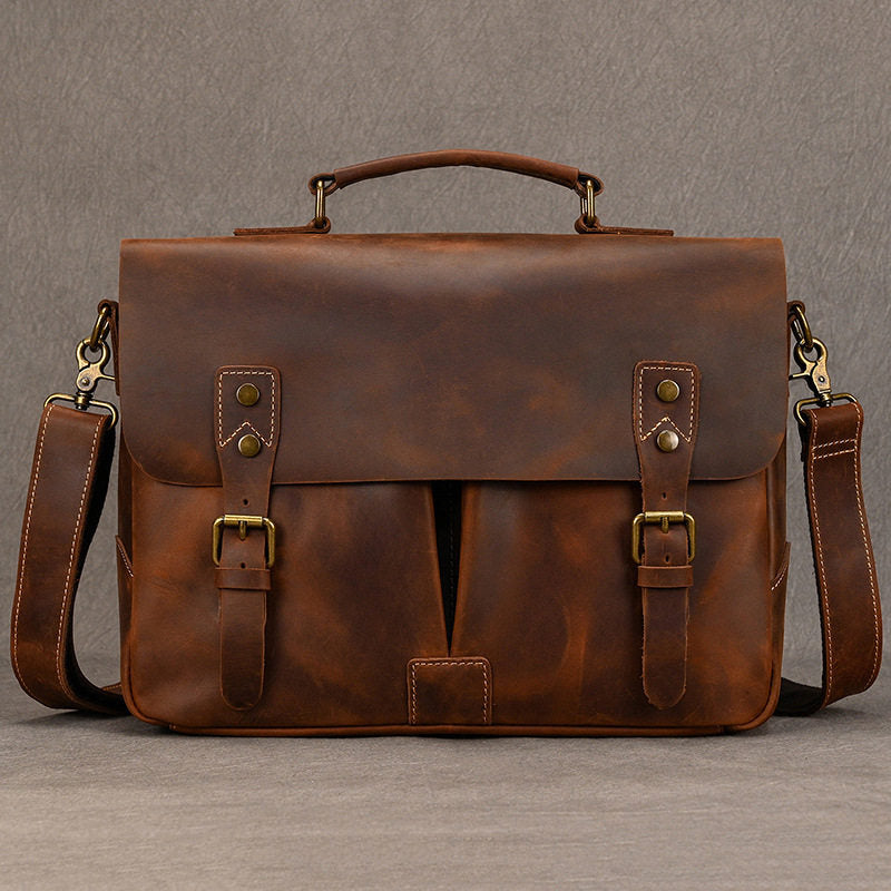 Classic Leather Briefcase for Men Brown Leather 14 inches Laptop Briefcase - iwalletsmen