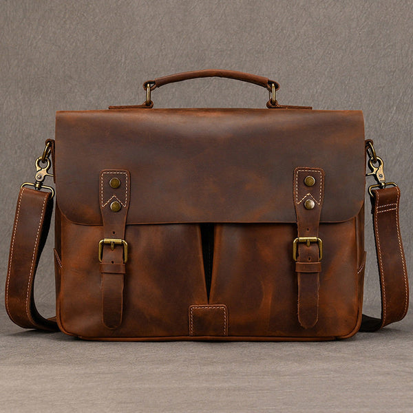 Classic Leather Briefcase for Men Brown Leather 14 inches Laptop Briefcase - iwalletsmen